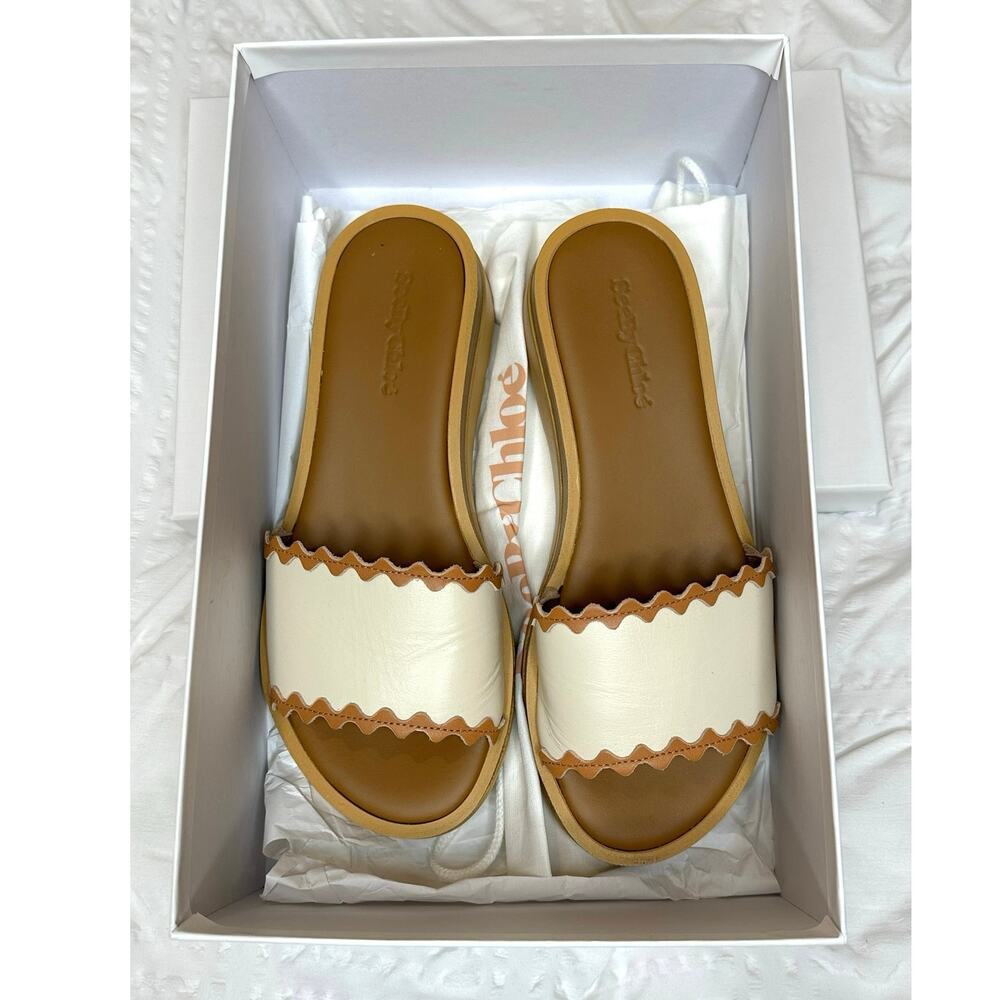 See By Chloe Robin Rickrack-Trim calfskin Leather Wedge Slides Size US 6 w box